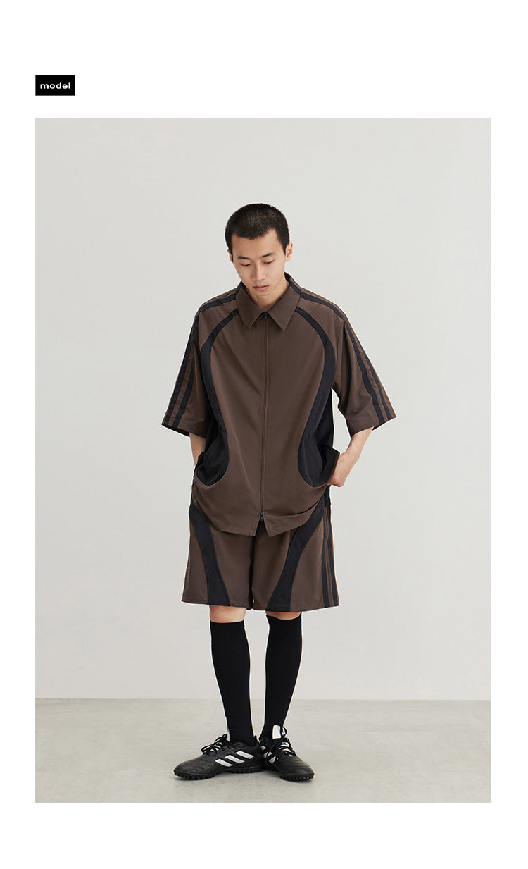 Brown Technical Stitching Sleeve Shirt