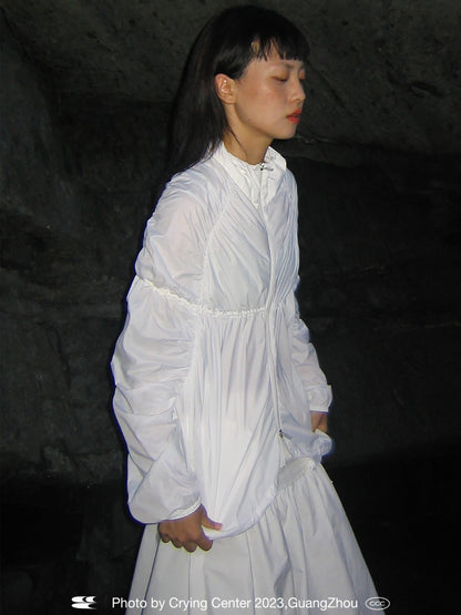 White Pleated Drawstring Long-Sleeved Jacket