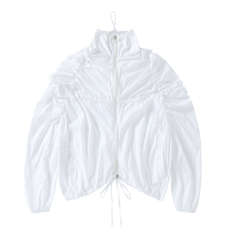 White Pleated Drawstring Long-Sleeved Jacket